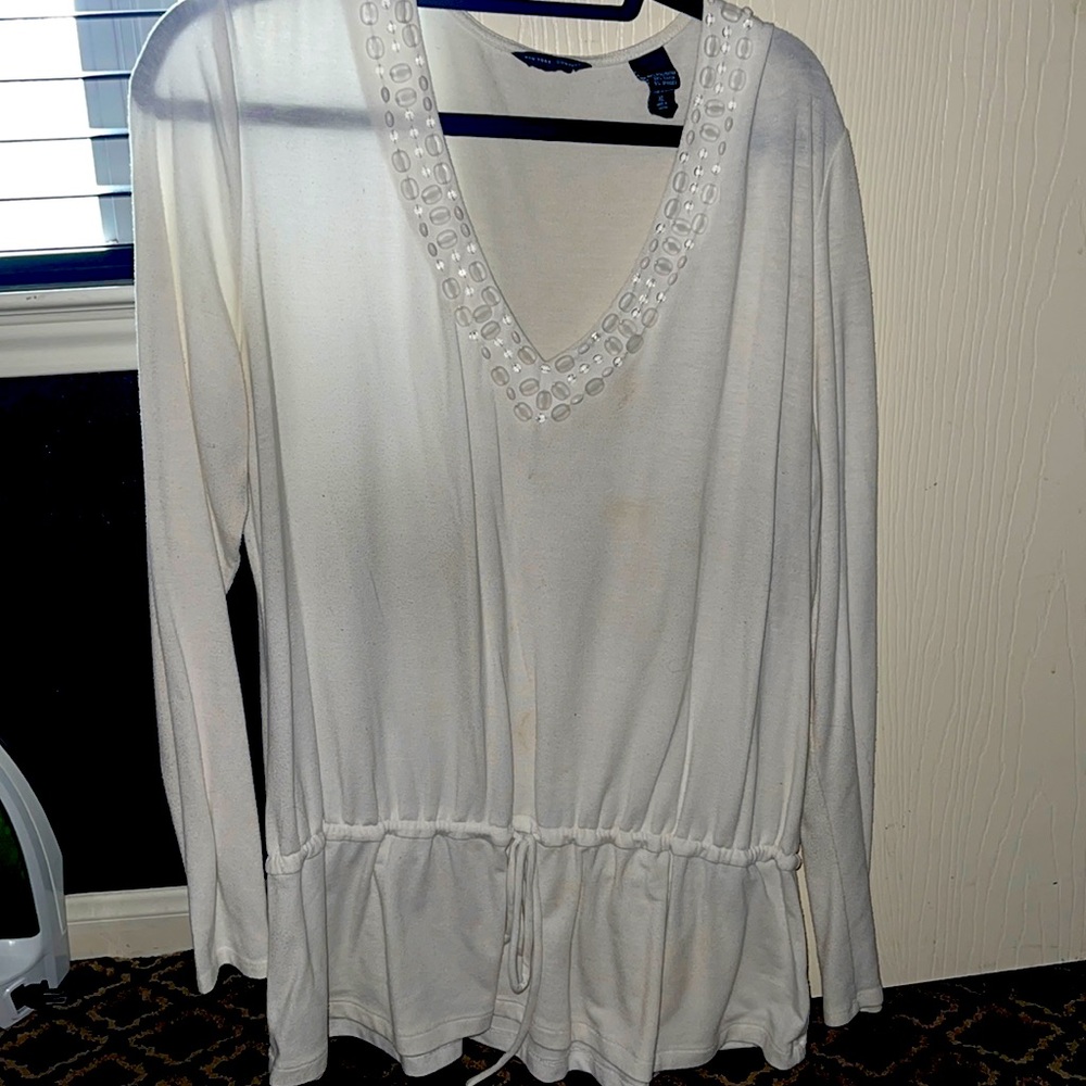 NY & Company White Long Sleeve Jeweled V Neck Shirt